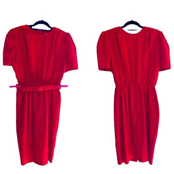 Vintage Red Short Sleeve Belted Pencil Sheath Midi Dress Size 12 - Picture 1 of 11